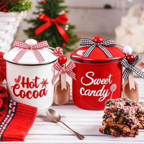 Christmas Ceramic Canisters Set - Mini Candy Holders with Wooden Beads & Ribbons - Holiday Decor