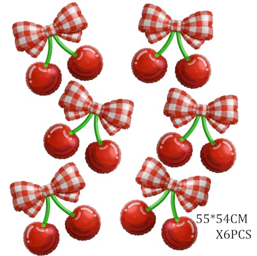 Red Plaid Cherry Foil Balloons - Fruit Theme Party Supplies, 6 Pack