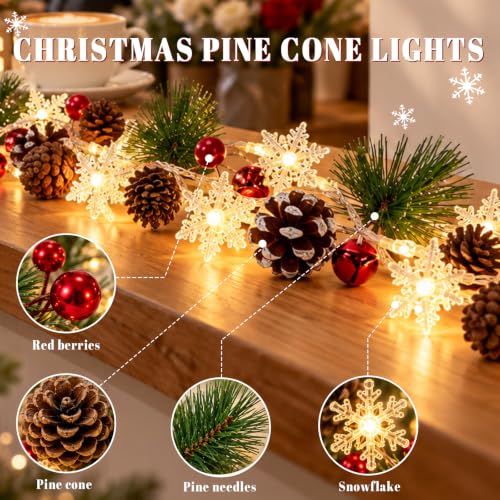 10Ft Christmas Garland with Lights - 30 LED Warm White String, Pinecones & Berries, Battery Operated, 1 Piece - Variation of THIS listing