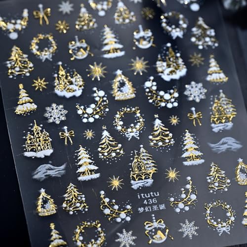 TailaiMei Embossed Christmas Nail Decals Gold Xmas Tree Snow Stickers