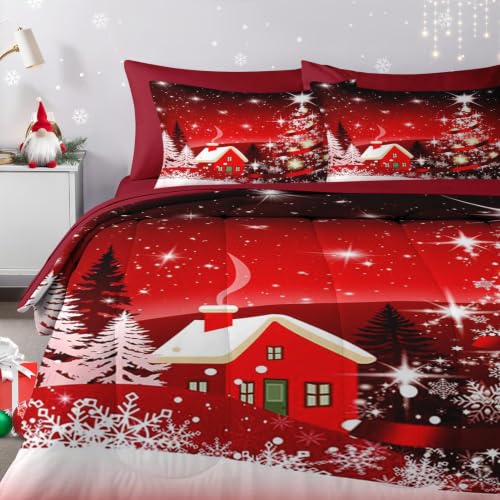 Twin Christmas Tree Bedding Set with Comforter Sheets - Red 5 Pieces