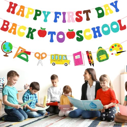 Happy First Day Back to School Banner - Colorful Decor (Red, Purple, Green, Blue, Grey, Pink)