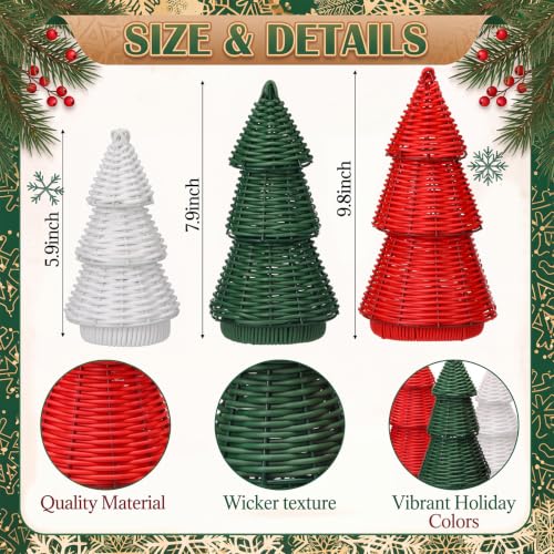 Qunclay 3 Pcs Rattan Christmas Tree Tabletop Decor - Classic Xmas Color