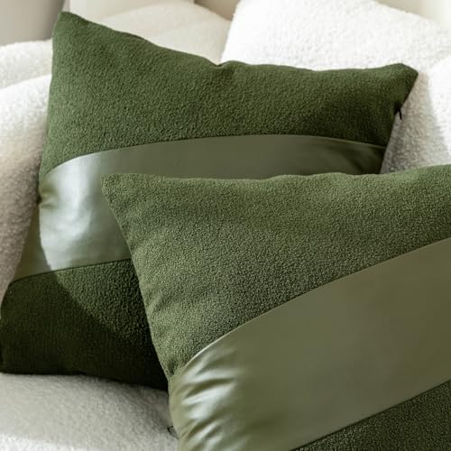 Olive Green Boucle Throw Pillow Covers 18x18, Set of 2 Faux Leather Accent