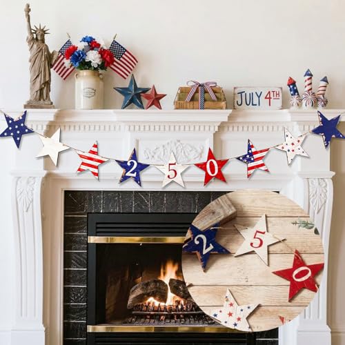 Chumia Patriotic Wooden Star Garland Red White and Blue Bunting for 4th of July