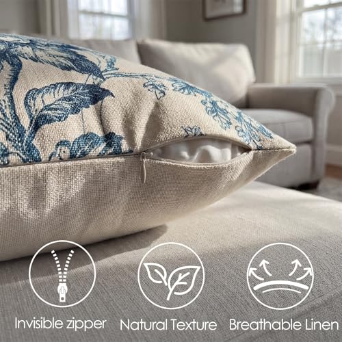 Vintage Blue White Floral Linen Throw Pillow Covers - Set of 2, 18x18