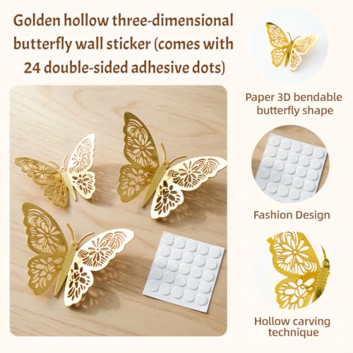 24Pcs 3D Gold Butterfly Wall Decor - Removable DIY Stickers