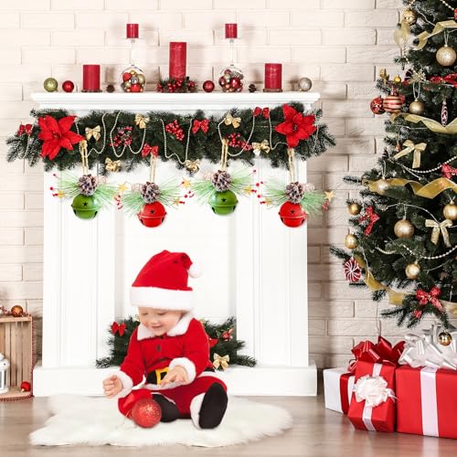 4 Pack Christmas Hanging Jingle Bells Ornaments - Red & Green Rustic Decorations with Frosted Pinecones & Berries