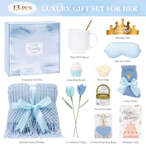 Blue Birthday Gift Basket for Women - 13 Self Care Items Spa Set Mom Her