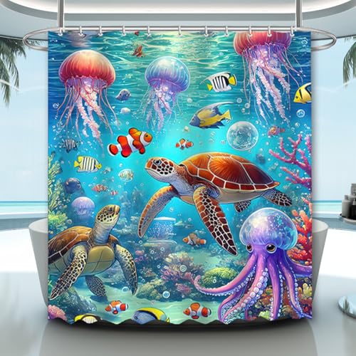 Waterproof Jellyfish Turtle Shower Curtain - Ocean Theme 72x72
