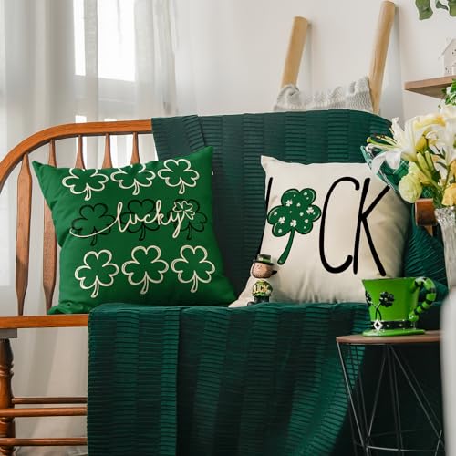 AVOIN St Patrick's Day Lucky Clover Throw Pillow Covers, 18x18 Inch (Set of 4)