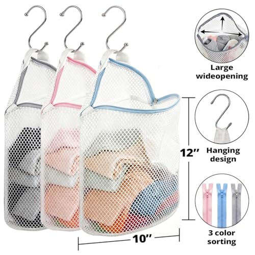 3Pcs Mesh Laundry Bags for Socks with S Hooks, 12x10 Inch, Multi-Color Set - Cociat