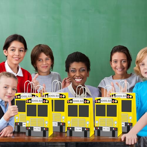 12 Pack School Bus Party Favor Bags with Handles - Kids Treat Bags
