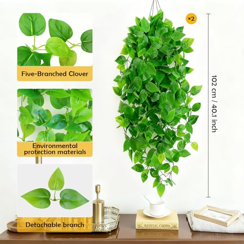 2pcs Artificial Pothos Vines - Waterproof Fake Hanging Plants for Indoor/Outdoor Decor