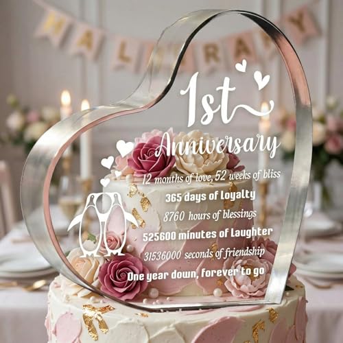 Acrylic Heart Decor with Penguin Couple - 1st Anniversary Keepsake
