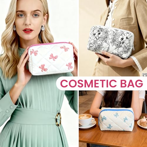 Gosect Quilted Cotton Makeup Bag - Yellow Floral Travel Cosmetic Pouch