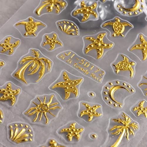 Qdsuh 5D Embossed Ocean Summer Nail Stickers Palm Tree Starfish Decals