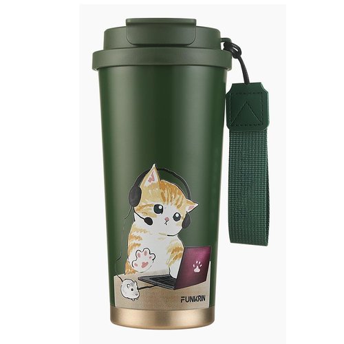 Funkrin Coffee Travel Mug with Straw & Flip Lid, 16oz Insulated Tumbler Cup with Ceramic Coating, Double Wall Vacuum Leak-Proof Mug for Office School Party Camping
