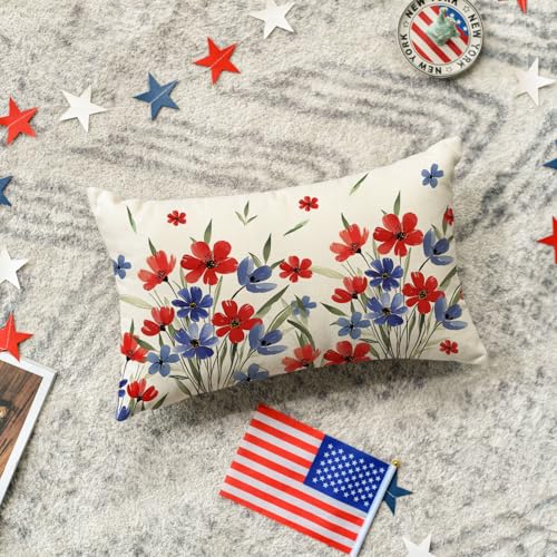 4th of July Flowers Throw Pillow Cover - 12x20 Inch Patriotic Decor