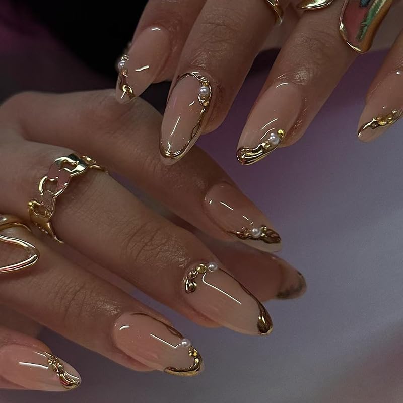 Gold French Tip Press on Nails Medium Almond Fake Nails with Pearls