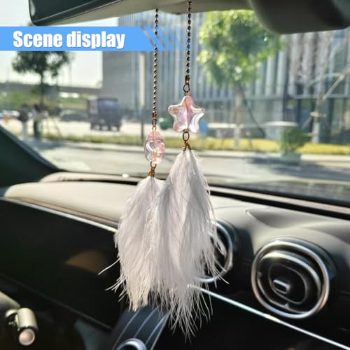 Fuzzy Feather & Star Car Rearview Mirror Hanging Ornament - White