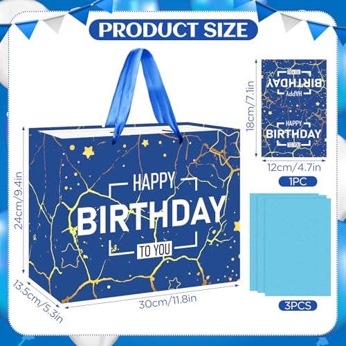 Navy Blue Birthday Gift Bag with Handle & Tissue Paper - Large