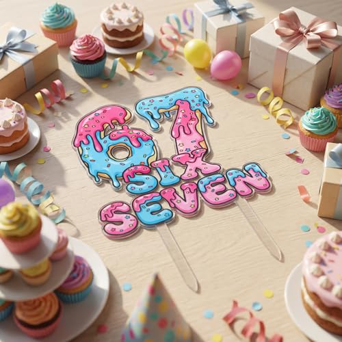 Hushee 67 Birthday Cake Topper - Ice Cream Design, Pink & Blue