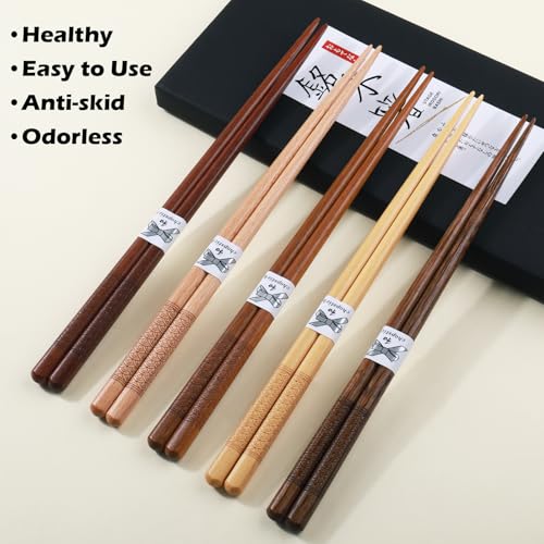 GLAMFIELDS Reusable Japanese Wooden Chopsticks - 5 Pairs, Mixcolor-A Hand-Carved