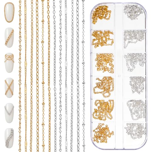 Macuezu Metal Nail Chains 12-Strip Set - 3D Gold & Silver Punk Charms