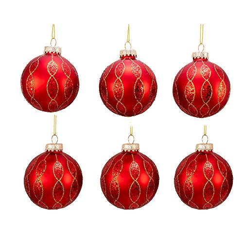 Red Glitter Pattern Glass Ball Ornaments - 80MM Holiday Christmas Decorations, 6 Pack