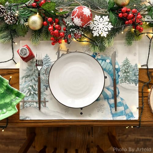 12x18 Inch Blue Snowman Christmas Placemat Set of 6 - Let It Snow Holiday Table Decor