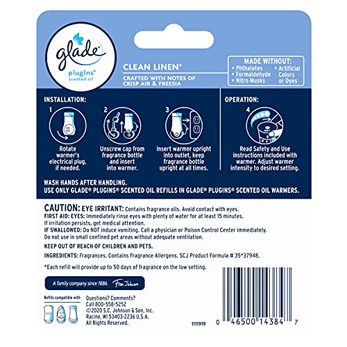 Glade PlugIns Scented Oil Refills, Clean Linen, 2 Count, Long-Lasting Scent