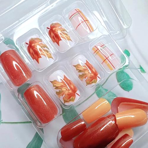 Fall Maple Leaf Press On Nails Medium Square Thanksgiving False Nails