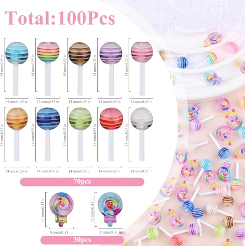 editTime 100pcs 3D Lollipop Nail Charms Resin Kawaii Candy Decals