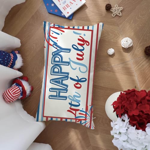 Patriotic 4th of July Throw Pillow Cover, 12x20 Inch Stripe Cushion Case