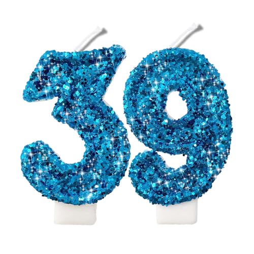 Blue Glitter Number Candles for Birthdays - 2.8" Birthday Cake Decor