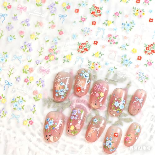 5D Embossed Floral Nail Stickers - Blue Flowers & Bows Self-Adhesive Art Decals (3 Sheets)