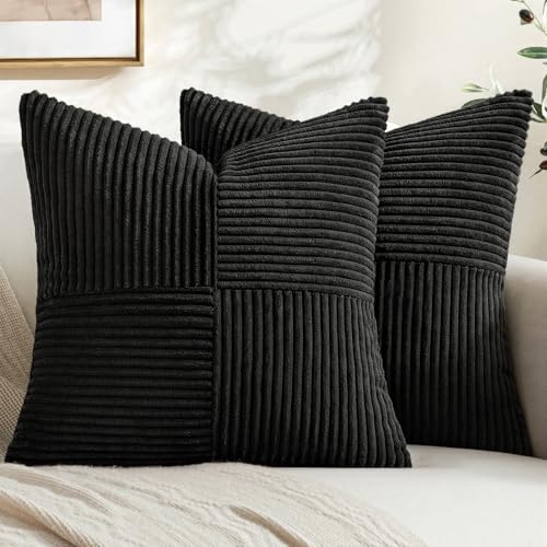 MIULEE Black Corduroy Throw Pillow Covers 18x18, Set of 2