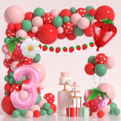 3rd Birthday Decorations for Girls - Strawberry & Daisy Balloons Set
