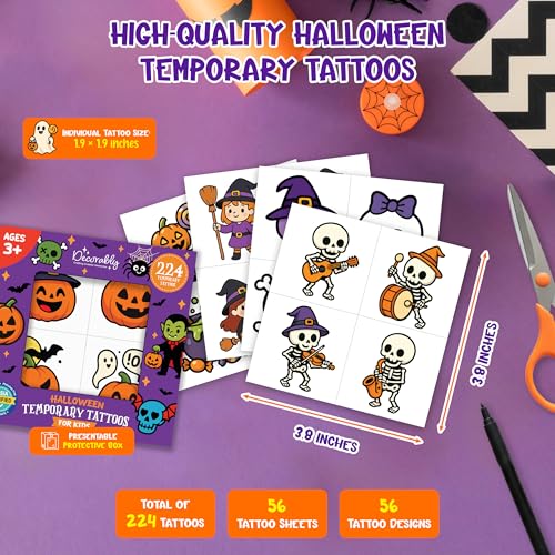 Decorably Halloween Temporary Tattoos for Kids 224 Pcs 56 Sheets Non-Toxic
