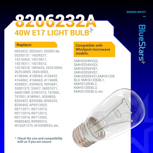 BlueStars 8206232A Microwave Light Bulb 40W E17 Base (2-Pack, Incandescent)