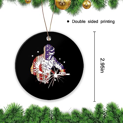 American Flag Welder Christmas Ornament - 3in Ceramic Keepsake Tree Decor