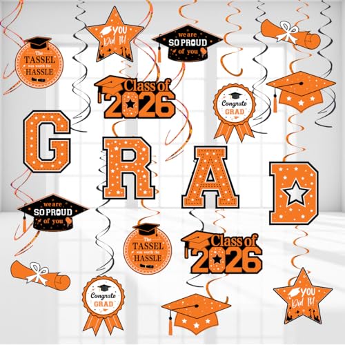 30 Orange & Black Graduation Swirls Decorations - Class of 2026