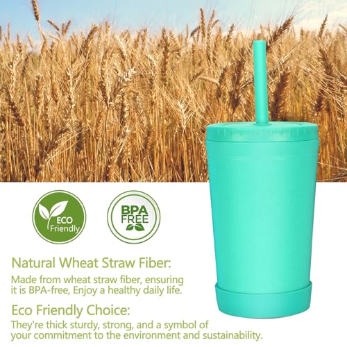 Homestockplus 10oz Wheat Straw Reusable Cups with Lids & Straws - Blue & Green