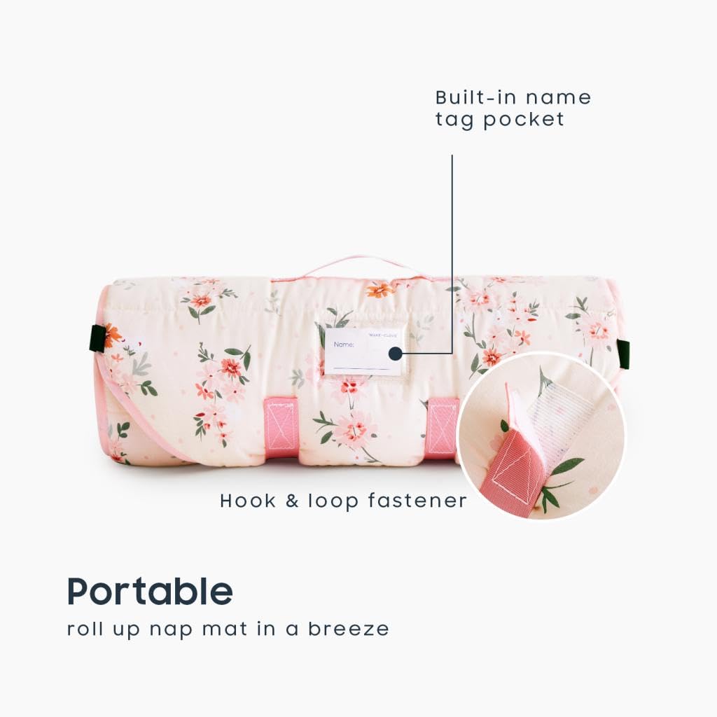Wake In Cloud - Cot Nap Mat with Pillow and Blanket, 100% Cotton Fabric, for Toddler Kids Girls Ages 3 Plus in Daycare Kindergarten Preschool with Elastic Corner Straps, Floral Flowers, Light Pink