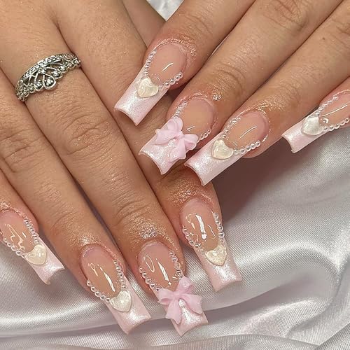 Pink French Tip Press on Nails Long Square with 3D Bow Heart