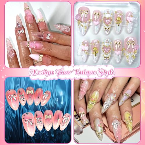 BELICEY 3D Gold Silver Bow Nail Charms & Flatback Pearls Set