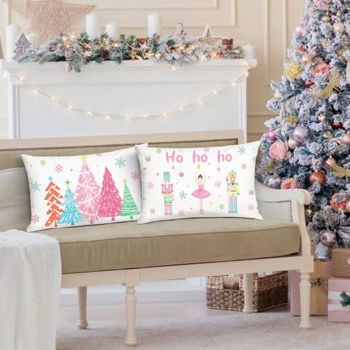Bonhause Christmas Nutcracker Pillow Covers 12x20 Inch - Pink Set of 2