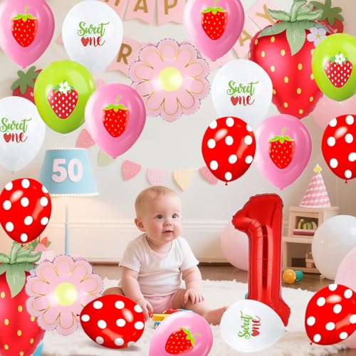 25 Pcs Strawberry Balloons Set with 40 Inch Red Number 1 Foil