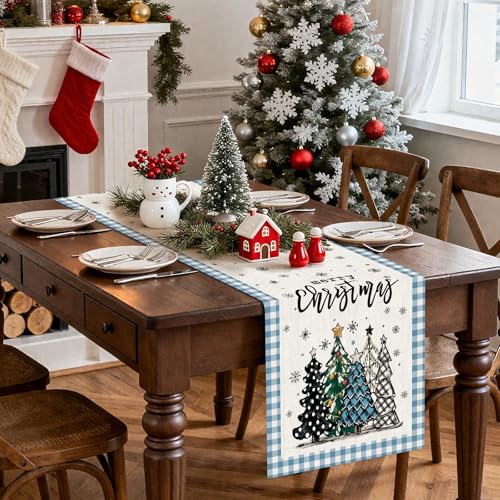 Christmas Table Runner 13x108 Inch Light Blue Buffalo Plaid Holiday Farmhouse Decor